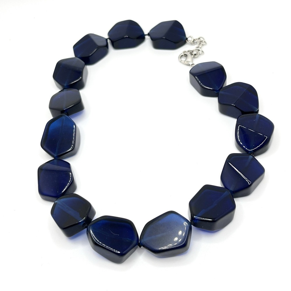 Deep Cobalt Blue Glass Chunky Statement Necklace Bold Faceted Beads 15"